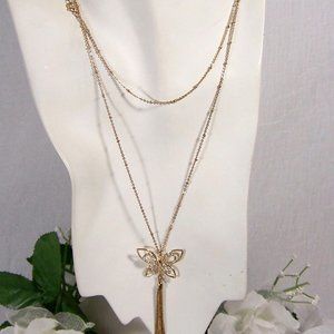 Lauren Conrad Butterfly Tassel Long Gold Tone Rhinestone Necklace 3D Open Work